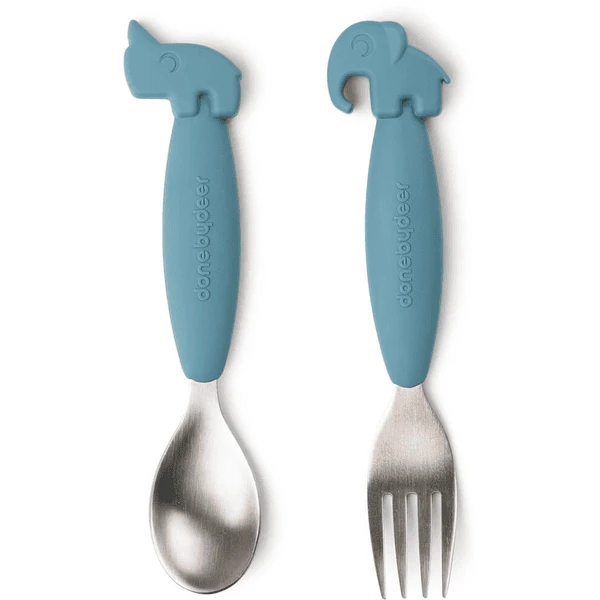 Done By Deer™ Löffel- Und Gabelset Easy-grip, Deer Friends Blau 1 Done By Deer™ Löffel- Und Gabelset Easy-grip, Deer Friends Blau