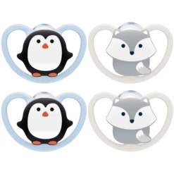 NUK Schnuller Space Gr. 1, 0 - 6 Monate Silikon Pinguin/Fuchs, 4 Stück
