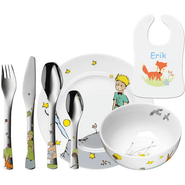 Schnullireich Geschenkset Mit Namen Kleiner Prinz: WMF Kinderbesteck + Teller/Schale+ Lätzchen Silber 1 Schnullireich Geschenkset Mit Namen Kleiner Prinz: WMF Kinderbesteck + Teller/Schale+ Lätzchen Silber