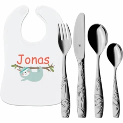 Schnullireich Geschenkset Mit Namen WMF Kinderbesteck Tommy + Lätzchen Kleines Faultier Silber
