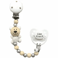 Schnullireich Schnullerkette Ohne Namen Häkelbär Natur Silber